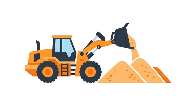 Front end wheel loader pouring sand into pile construction site earthmoving machinery flat vector illustration
