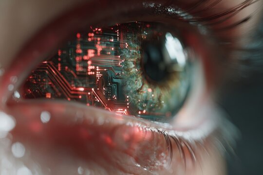 Tech vision evolved: ai circuits illuminating future pathways. Futuristic screens. Future tech vision: subtle hue changes in ai's glowing, intelligent eye. Business intelligence. Ai visuals.