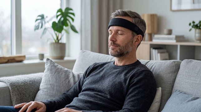 Man meditating while wearing neurofeedback headband on sofa. Using brain sensing device for mental health and stress relief. Innovative healthcare technology for mindfulness and focus.