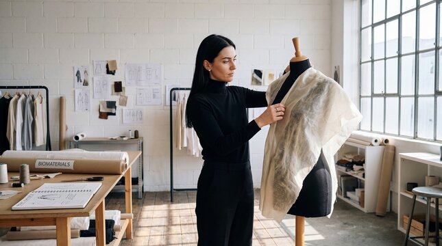 Fashion designer draping fabric on a mannequin in a studio. Woman working on a garment prototype. sustainable clothing creation process in a creative design workshop. Modern textile industry.