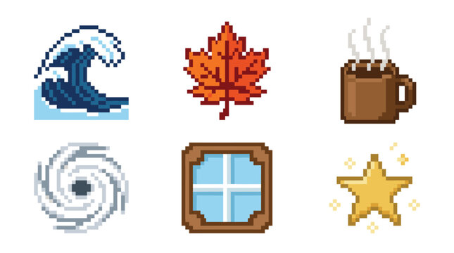 A set of 8-bit pixel art icons. Includes a wave, autumn leaf, hot coffee, storm, window, and star. Perfect for retro video games, app interfaces, or website design elements.
