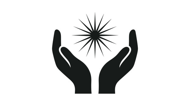 Black vector icon of cupped hands holding a radiating star, symbolizing care, energy, hope, protection. Ideal for spirituality, wellness, and environmental themes.