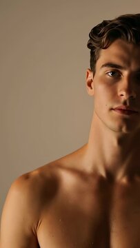 Vertical video: Rising shirtless man then lifting head opening eyes in studio light, seeking gaze