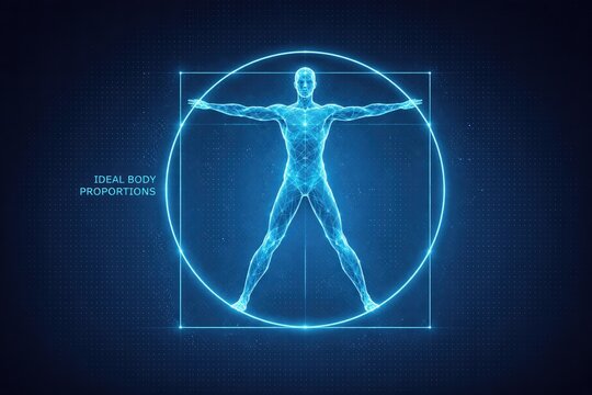 Digital human anatomy wireframe inspired by Vitruvian man representing artificial intelligence biotechnology and body analytics