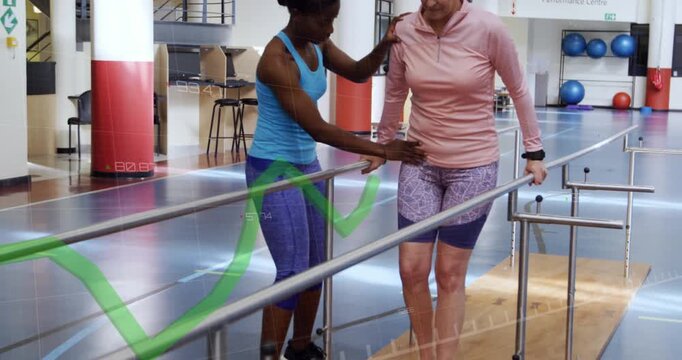 Animation of data processing over injured caucasian woman exercising