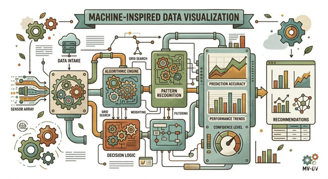 Machine inspired data visualization and infographic elements, technical algorithm flowchart and futuristic dashboard vector
