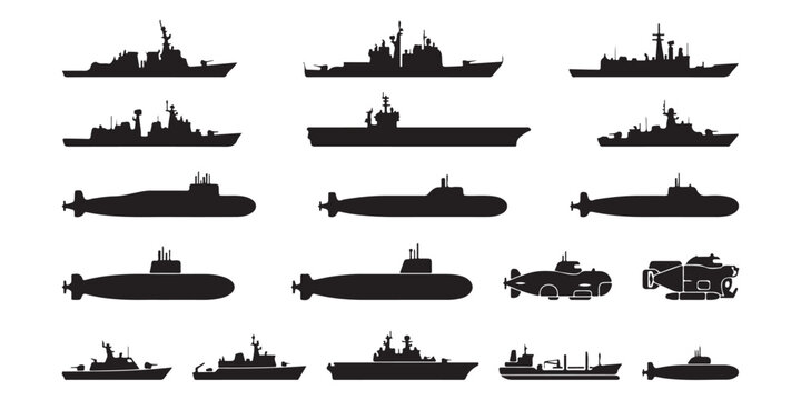 Collection of Military Ship and Submarine Silhouettes for Naval Design