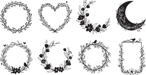 Fototapeta premium black and white illustrations are arranged in a grid. Each illustration features a circular wreath adorned with flowers and leaves, alongside a heart and a crescent moon.
