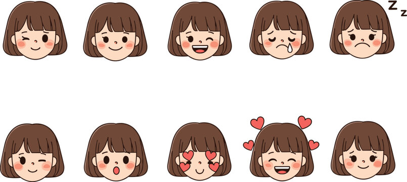 Cartoon girl facial expressions set, emotional character design, happy sad surprised love neutral sleepy faces, flat vector illustration artwork