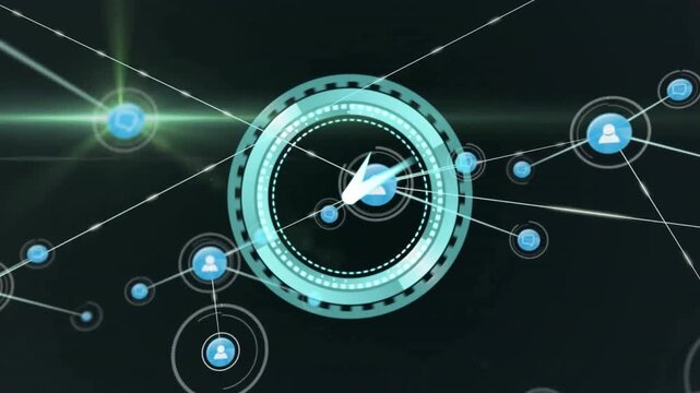 Animation of clock over network of connections with icons and data processing