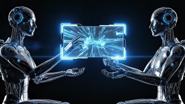 Robots share glowing digital information.