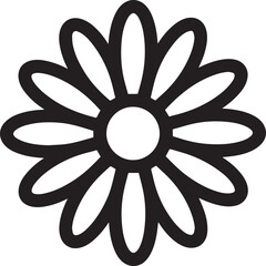 A simple, black flower icon is displayed. The flower has multiple petals radiating from a central point.
