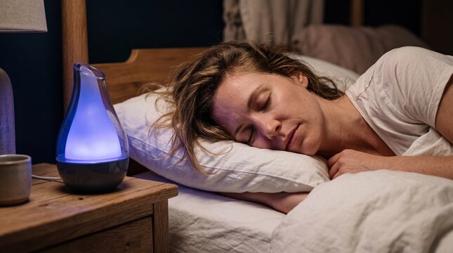 Woman sleeping in bed next to glowing aroma diffuser. Bedroom interior with air humidifier for relaxation, healthy sleep, air purification and aromatherapy at night. Home wellness concept.