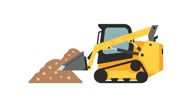 Skid steer loader with tracks excavating dirt flat vector illustration isolated on white background