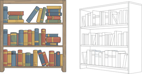 Colorful bookshelf with books next to line of bookshelf line library reading © Moksedul