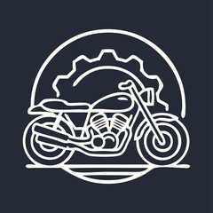 Logo taller mecánico de motos. Icono con dibujo de motocicleta vista de perfil con engranaje en círculo con líneas  © teracreonte