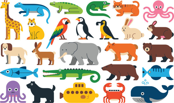 A charming collection of flat design animal illustrations including a giraffe cat octopus dog elephant bear and more presented on a white background