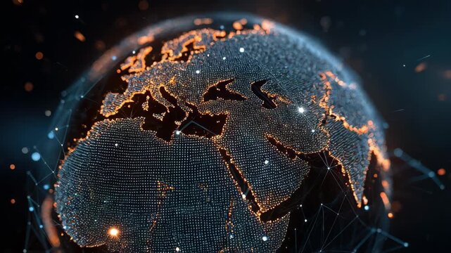 Futuristic digital Earth globe animation with glowing plexus network lines and particles, representing global connectivity, internet data, and telecommunications.