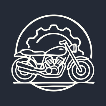 Logo taller mec&aacute;nico de motos. Icono con dibujo de motocicleta vista de perfil con engranaje en c&iacute;rculo con l&iacute;neas 