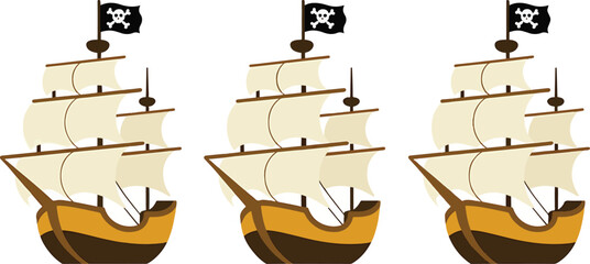 Three cartoonstyle sailing pirate ships with jolly roger flags flying in full sail on a white background isolated © Creative Studio 