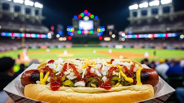 A hot dog with condiments at a baseball stadium.