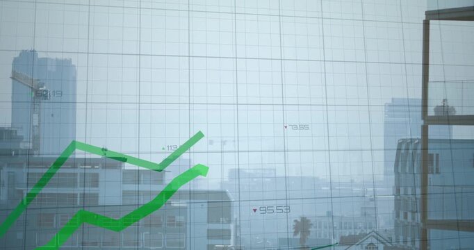 Grid appearing, bright green and dark green lines rising, crossing, plateauing, showing data trends