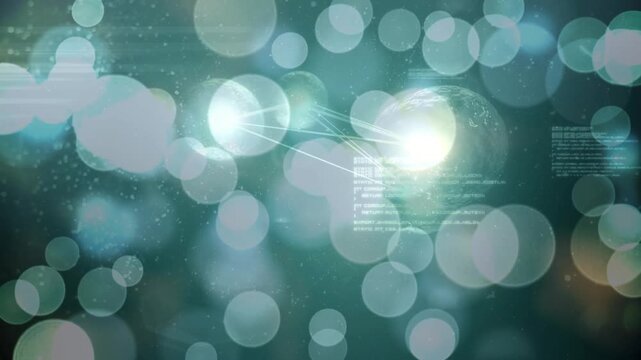 Bokeh circles drifting triggers globe lighting up with nodes connecting to display network flow