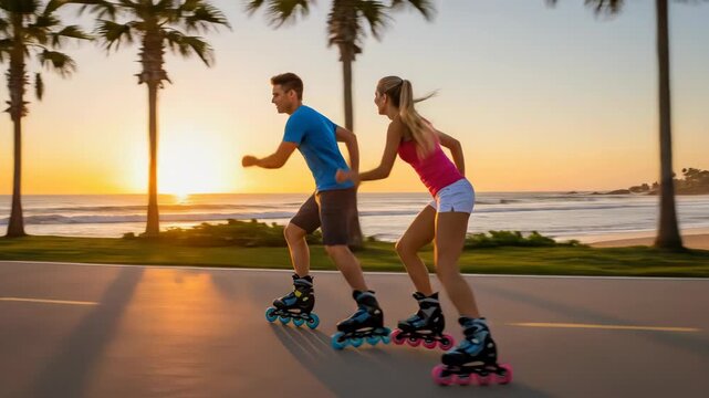 Couple Enjoying Leisurely Rollerblade Ride.