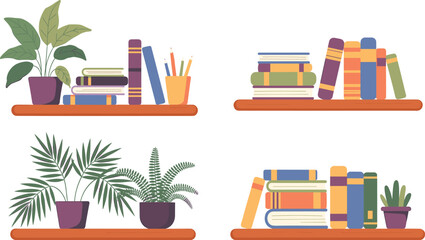 Four orange shelves with books and plants on white background © Moksedul