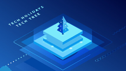 Obraz premium Isometric tech christmas tree illustration with blue and white gradients