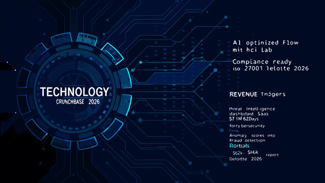 Abstract technology background with circuits text and a central dashboard display