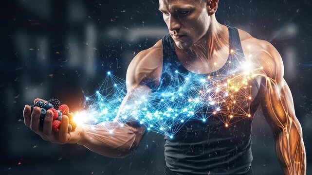 Muscular Man with Electric Energy Flow.
