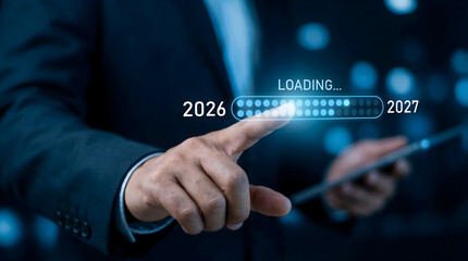 Obraz premium Professional using futuristic technology interface with year range 2026 to 2027
