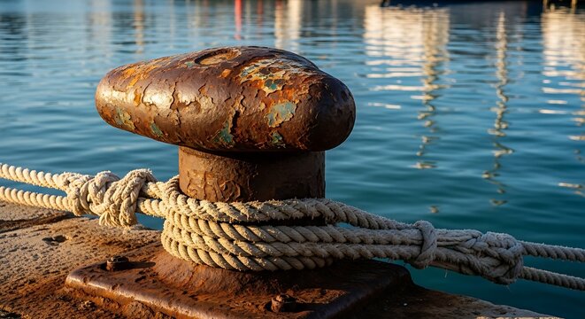 A weathered dock cleat secures a thick rope against the rippling blue water.