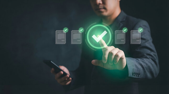 Professional using digital interface to approve or confirm a transaction on mobile device
