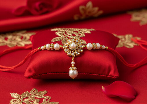Exquisite decorative Rakhi charm featuring multilayered gold filigree lotus flower centerpiece encrusted with sparkling crystals and freshwater pearls on vibrant red silk pouch with intricate zari emb
