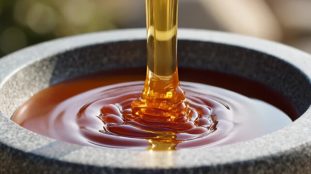 Thick Golden Honey Drips Into Bowl Creating Ripples