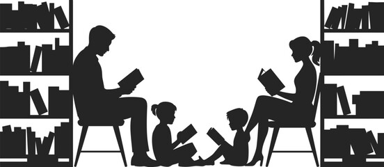 Silhouette of family reading together in library bookshelves silhouettes © Moksedul