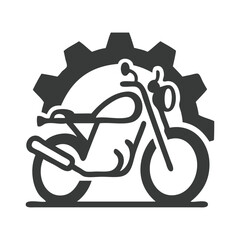 Logo taller mecánico de motos. Icono con dibujo sencillo de motocicleta vista de perfil con engranaje © teracreonte