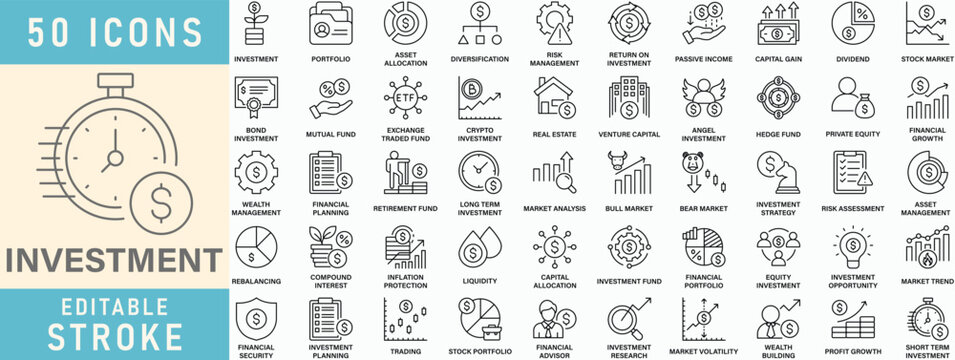 Investment line icon collection, Editable stroke. Vector illustration.