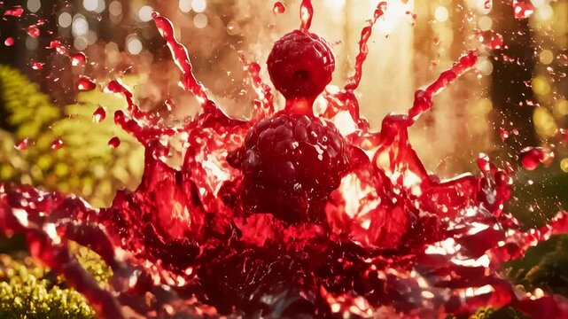 Raspberry Exploding In Slow Motion With Juice Splash In Forest
