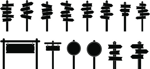 Collection of directional signpost silhouettes with arrows, navigation icons, wayfinding design elements, urban signage concept, black and white vector illustration © Anamul Arafat