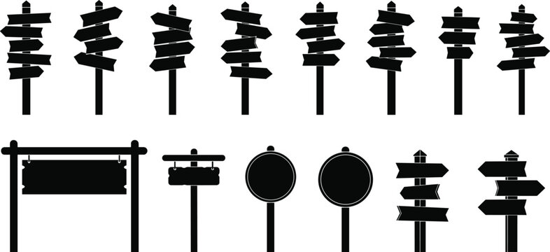 Collection of directional signpost silhouettes with arrows, navigation icons, wayfinding design elements, urban signage concept, black and white vector illustration