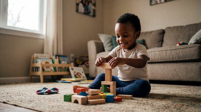 A young child, absorbed in imaginative play, constructs a tower with colorful wooden blocks in a cozy home environment.