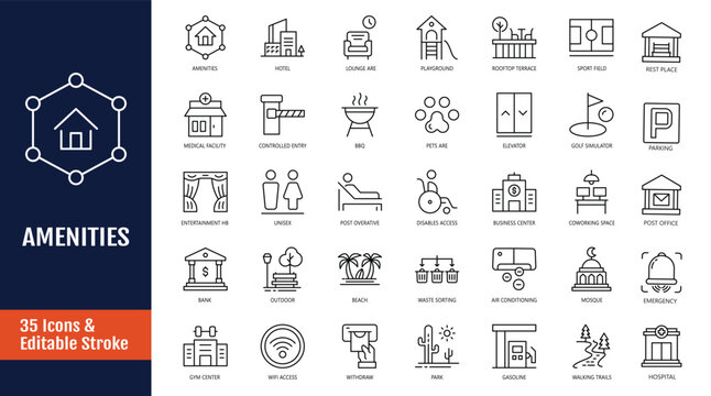 Amenities icon set. Includes lounge zone, parking, playground, entertainment, facility, clinic, and more. Outline icon with Editable stroke. Vector illustration