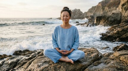  A woman in blue linen clothing sits in a serene meditation pose by the crashing waves, connecting with the natural elements and finding peace.