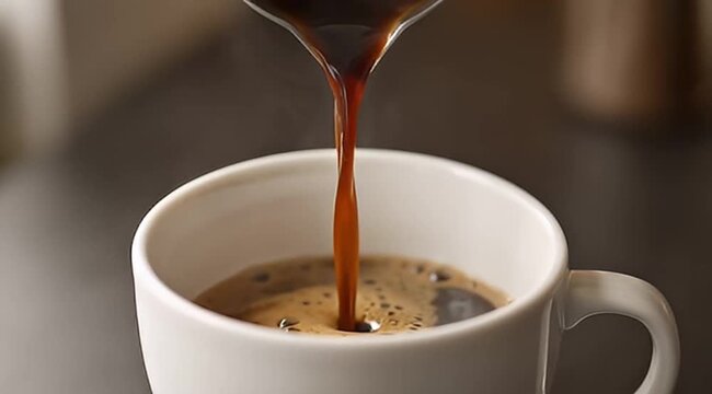 Pouring fresh brewed dark coffee into a white ceramic mug close up