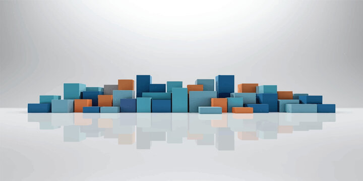 An abstract blue 3d city background vector featuring a colorful construction of business puzzle cubes and toy blocks to represent a creative building concept