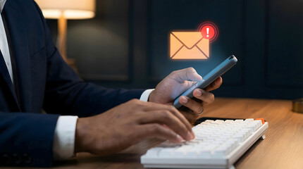 Fototapeta premium Professional using smartphone while working at a desk with an email notification displayed.