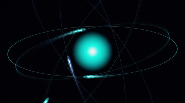High quality, seamless looping motion background featuring a glowing atomic nucleus with electrons orbiting rapidly in 3D. Perfect for EDM visuals, VJ loops, futuristic presentations, sci-fi scenes